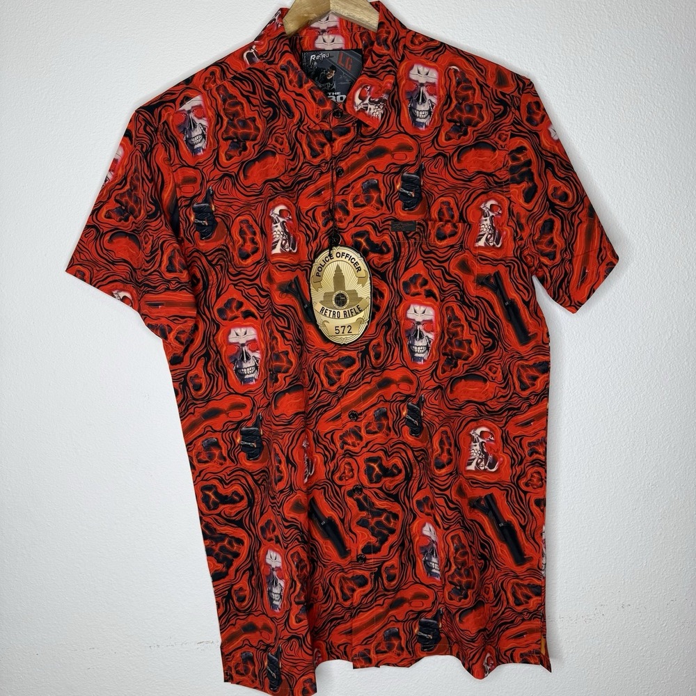 New Retro Rifle T-800 Red Skeleton Short Sleeve Button Up Shirt Men's Large